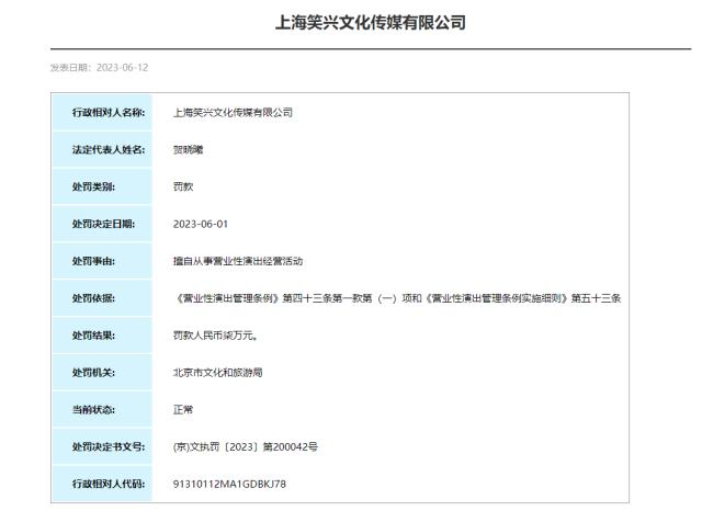 笑果旗下公司擅自演出被罚7万元